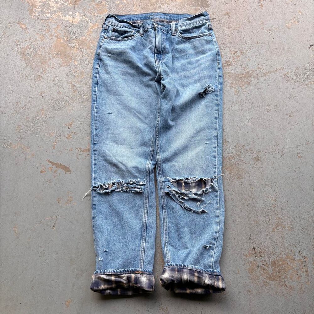 Distressed Plaid Flannel Lined Jeans